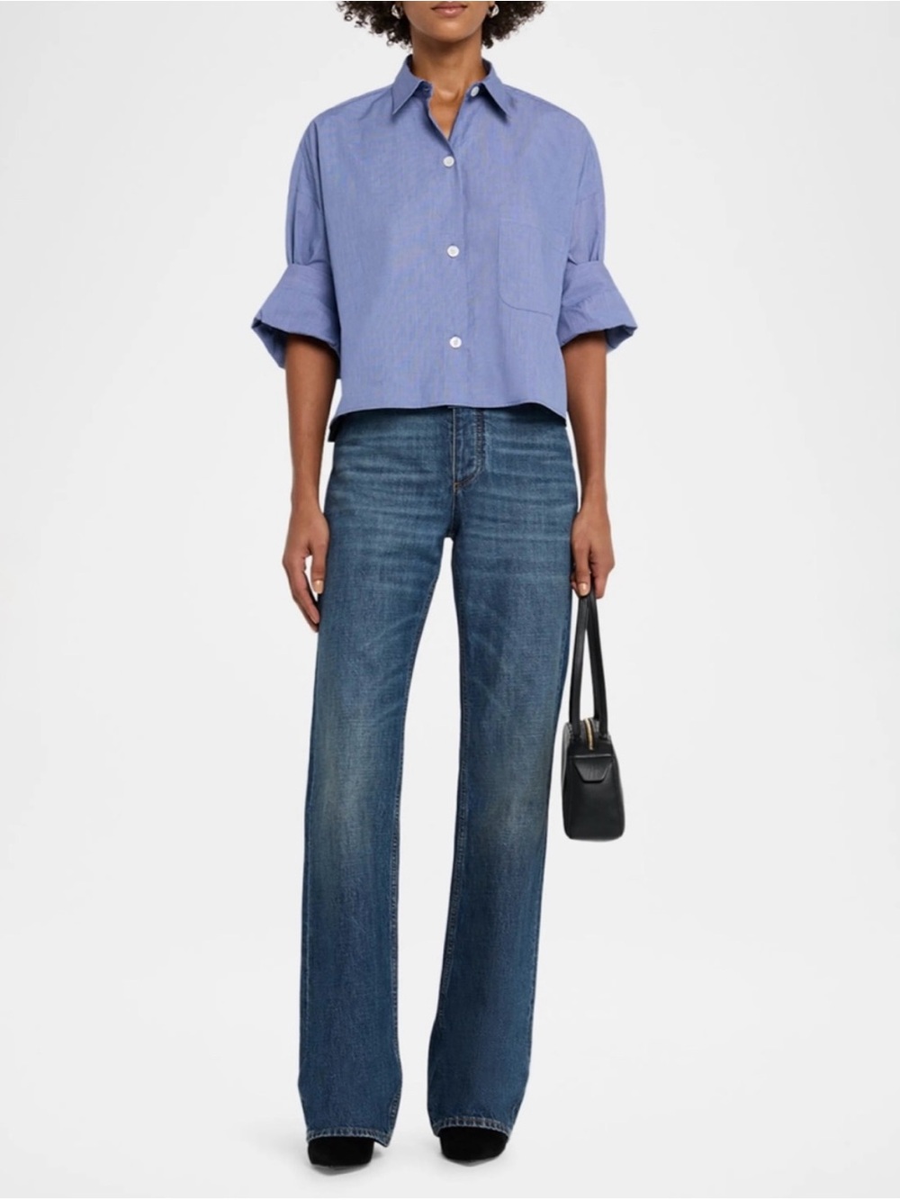 TWP Next Ex Crop Button-Up Boxy Shirt Blouse Blue XS/S